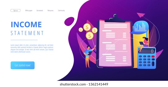 Financial analysts doing income statement with calculator and laptop. Income statement, company financial statement, balance sheet concept. Website vibrant violet landing web page template.