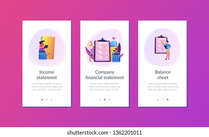 Financial analysts doing income statement with calculator and laptop. Income statement, company financial statement, balance sheet concept. Mobile UI UX GUI template, app interface wireframe