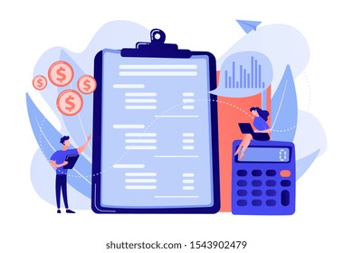 Financial analysts doing income statement with calculator and laptop. Income statement, company financial statement, balance sheet concept. Pink coral blue vector isolated illustration