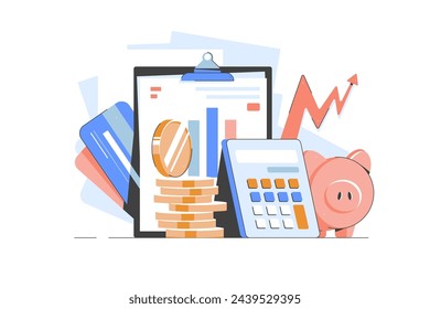 Financial analysts doing income statement with calculator and laptop. Income statement, company financial statement. Chart and graph. Report documents vector