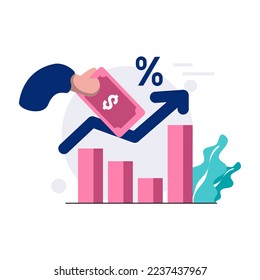 analistas financieros ilustración plana, carta de caracteres que lleva dinero sobre el gráfico de análisis financiero. concepto de negocio de color rosa azul. blanco aislado. adecuado para el diseño de aplicaciones web y móviles