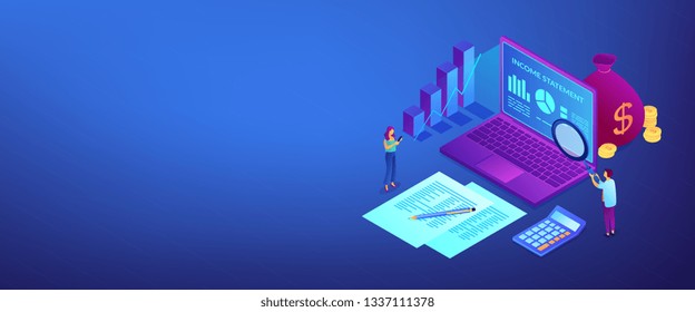 Financial analysts with magnifier and laptop counting income statement. Income statement, company financial statement, balance sheet concept. Isometric 3D banner header template copy space.