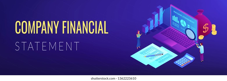 Financial analysts with magnifier and laptop counting income statement. Income statement, company financial statement, balance sheet concept. Isometric 3D banner header template copy space.