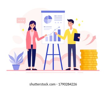 Financial analysts women and men report financial results that grow every quarter. Successful business. Modern vector illustration.