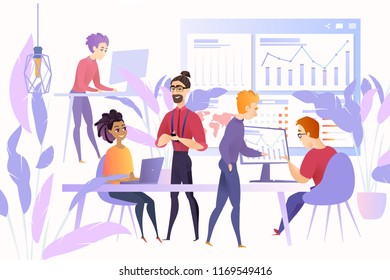 Financial Analysts at Work Cartoon Vector Concept with Millennials Business Team or Stockbrokers Working Together at Office, Analyzing Infographics with Growth Indicators, Tracking Stock Fluctuations