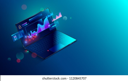 Financial analytic and business infographic elements on screen laptop. Finance graphs, analysis data and charts investment and trade.  3d isometric Vector. Business Concept.
