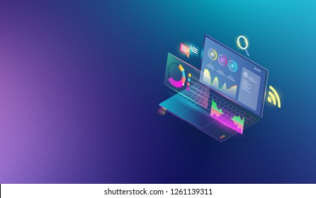 Financial analytic and business infographic elements on screen laptop concept. Isometric set of infographics with data financial graphs or diagrams and information data statistic Vector.