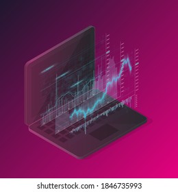 Financial analytic and business infographic elements on screen laptop. Finance graphs, analysis data and charts investment and trade. 3d isometric Vector. Business Concept