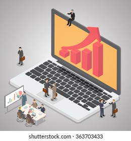 Financial analytic chart graphs on computer laptop with various businessman. Business marketing analysis concept. Isometric illustration vector.