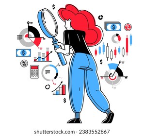 Financial analytic making inquiry about budget balance in business company, vector outline illustration, business strategy growth, investments.