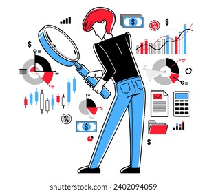 Financial analytic making inquiry about budget balance in business company, vector outline illustration, business strategy growth, investments.