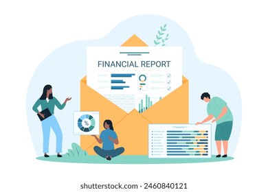 Financial analytics, accounting and audit software and services. Tiny people work with statistics of data graphs an chart from open envelope to research budget balance cartoon vector illustration