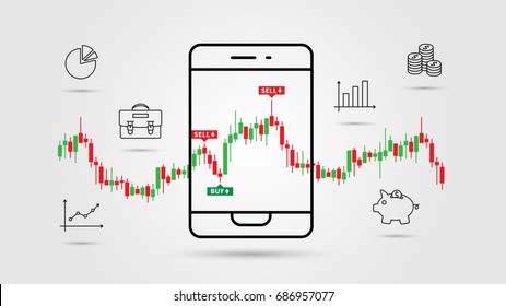 Financial analytics app vector illustration. Mobile app for investment and online trade line art concept. Buy and sell indicators on the candle bar chart graphic design.
