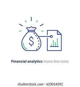 Financial analytics, budget planning, finance management, investment advisor concept, paper graph report, chart list, vector mono line icons