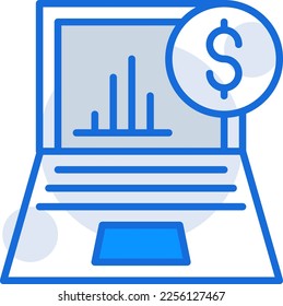 Financial Analytics business icon with blue duotone style. Corporate, currency, database, development, discover, document, e commerce. Vector illustration