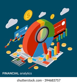 Financial analytics, business report, statistic flat isometric vector concept. Modern web infographic illustration.