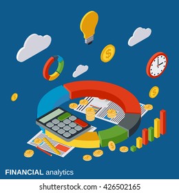 Financial analytics, business report, statistic flat isometric vector concept illustration