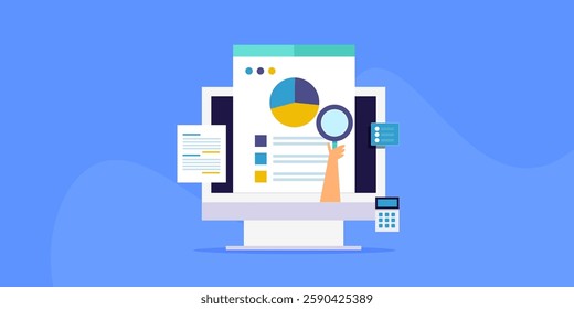 Financial analytics, Business analytics software, Financial accounting, Analyzing financial data of an organization - vector illustration background with icons
