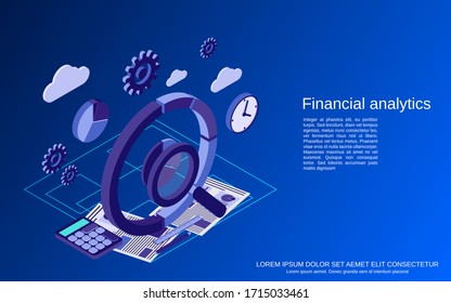 Financial analytics, business statistics flat isometric vector concept illustration