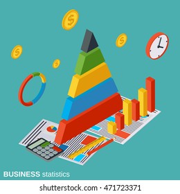 Financial analytics, business statistics flat isometric vector concept illustration