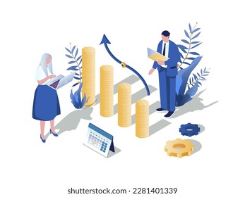 Financial analytics concept 3d isometric web scene. People working with data graphs and calculating money, accounting for report, making market research. Vector illustration in isometry graphic design