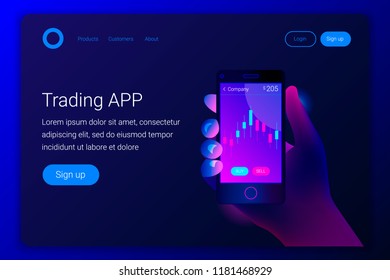 Financial analytics concept. Candlestick chart trading business application template. Hand holds a smartphone on the screen of mobile app. Landing page template. Vector illustration.