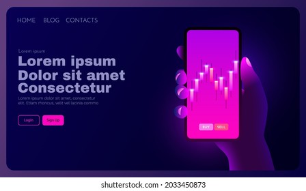 Financial analytics concept. Candlestick chart trading. Business application template. Hand holds a smartphone. Landing page template. Vector illustration.