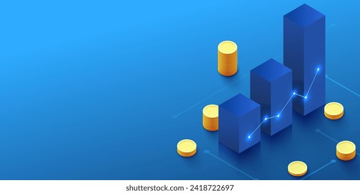 Financial analytics concept. Candlestick chart witj coins. Business application template. Landing page template.