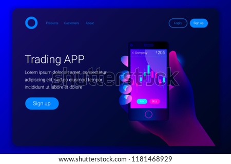 Financial analytics concept. Candlestick chart trading business application template. Hand holds a smartphone on the screen of mobile app. Landing page template. Vector illustration.