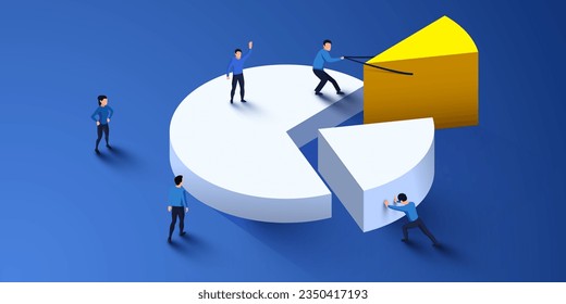 Concepto de análisis financiero. Gráfico circular con grupo de personas. Ilustración del vector