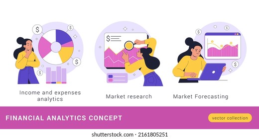 Financial Analytics concept. Vector cartoon illustration of a young woman doing financial research and analysis of the market, as well as income and expenses. Isolated on white