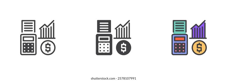 Financial analytics different style icon set. Line, glyph and filled outline colorful version, outline and filled vector sign. Calculator with dollar coin and graph symbol, logo illustration