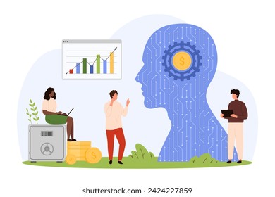 Financial analytics, digital data analysis and management with AI tech platform. Tiny people analyze charts with digital brain, research graphs on neural networks platform cartoon vector illustration