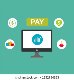 Financial analytics, digital financial services. Computer with a web interface of the payment system, money transfers and financial transactions. Vector illustration
