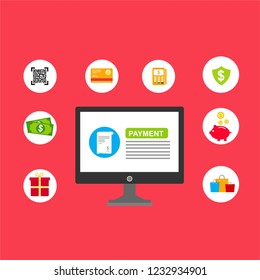 Financial analytics, digital financial services. Computer with a web interface of the payment system, money transfers and financial transactions. Vector illustration