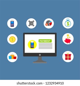 Financial analytics, digital financial services. Computer with a web interface of the payment system, money transfers and financial transactions. Vector illustration
