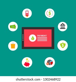 Financial analytics, digital financial services. Computer with a web interface of the payment system, money transfers and financial transactions. Vector illustration