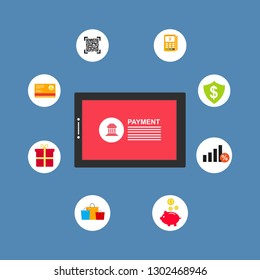 Financial analytics, digital financial services. Computer with a web interface of the payment system, money transfers and financial transactions. Vector illustration