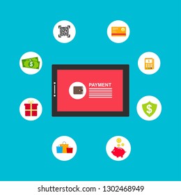 Financial analytics, digital financial services. Computer with a web interface of the payment system, money transfers and financial transactions. Vector illustration