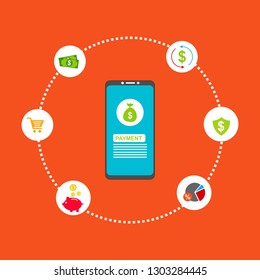 Financial analytics, digital financial services. Computer with a web interface of the payment system, money transfers and financial transactions. Vector illustration