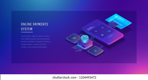 Financial analytics, digital financial services. Phone with a mobile interface of the payment system, money transfers and financial transactions. Vector illustration isometric style.