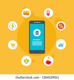 Financial analytics, digital financial services. smartphone with a web interface of the payment system, money transfers and financial transactions. Vector illustration