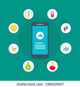 Financial analytics, digital financial services. smartphone with a web interface of the payment system, money transfers and financial transactions. Vector illustration