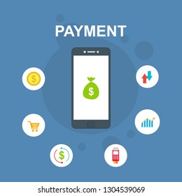 Financial analytics, digital financial services. smartphone with a web interface of the payment system, money transfers and financial transactions. Vector illustration