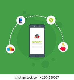 Financial analytics, digital financial services. smartphone with a web interface of the payment system, money transfers and financial transactions. Vector illustration