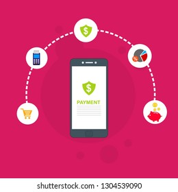 Financial analytics, digital financial services. smartphone with a web interface of the payment system, money transfers and financial transactions. Vector illustration