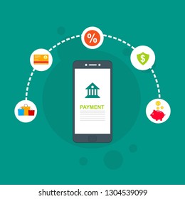 Financial analytics, digital financial services. smartphone with a web interface of the payment system, money transfers and financial transactions. Vector illustration