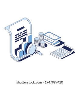 Financial analytics, economics, accounting, calculator. Vector 3d line isometric, web icons, blue color. Creative design idea for infographics.