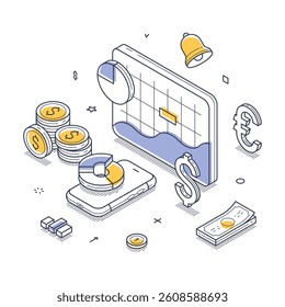 Financial analytics, featuring a smartphone displaying charts, coins, and currency notes, all depicted in a clean, modern isometric style emphasizing data and economy. Vector illustration