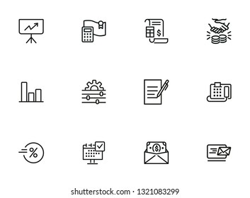 Financial analytics line icon set. Presentation, calculator, invoice. Business concept. Can be used for topics like loan, banking, dealing